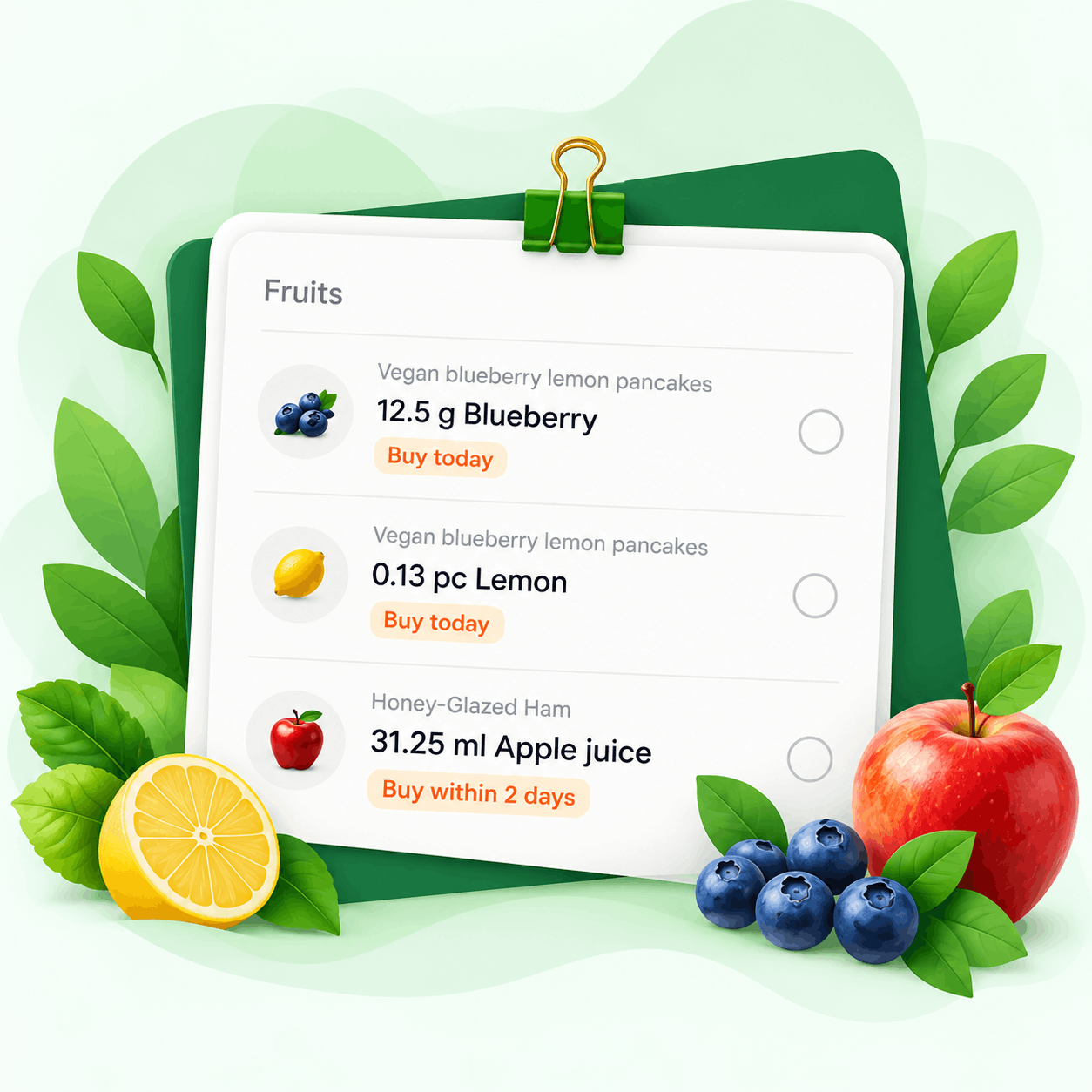 A grocery list of fruits with quantities and when to buy them